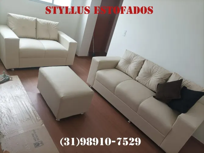 Conjunto de Sofá 3 Lugares, Poltrona e Puff