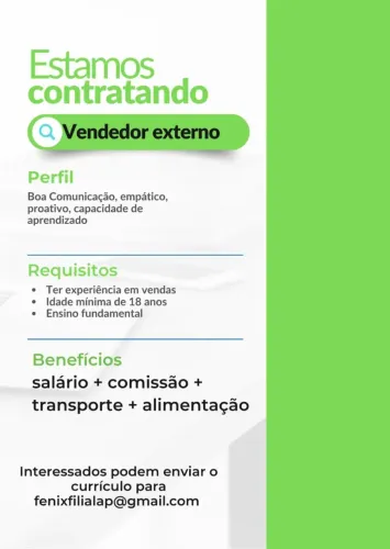 Contratamos vendedores externos,amobos os sexos ,com ou sem experiência. 