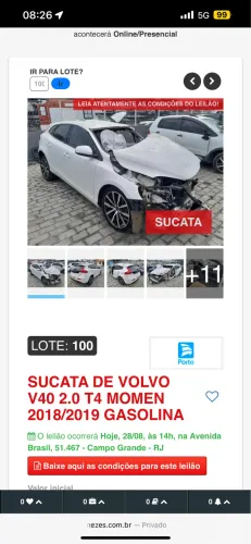 Sucata Volvo V40 2.0 T4 Momentum 2018/2019 PEÇAS E ACESSÓRIOS