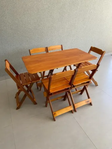 Jogo De Mesa Dobrável 120x70 C/ 6 Cadeiras Madeira Maciça Bar - OFERTA