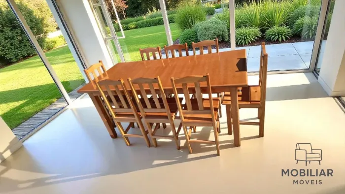 MESA DE MADEIRA COM 8 CADEIRAS NOVA