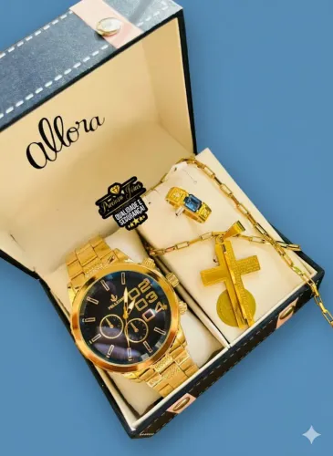 Elegância Completa: Relógio Masculino com Cordão Banhado a Ouro 18k e Anel