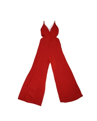 Macacão Longo Pantalona Vermelho Com Recortes Laterais e Amarração