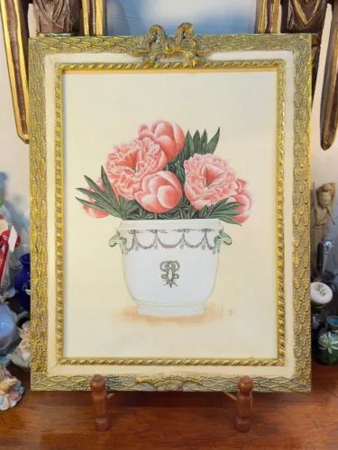 QUADRO ANTIGO VASO DE PEÔNIAS.