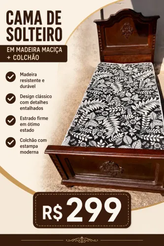 Cama solteiro em madeira com colchão 