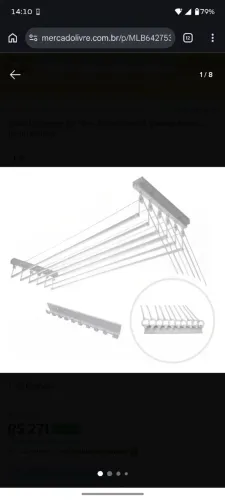 Varal individual de teto 80cm com varetas em alumínio branco.