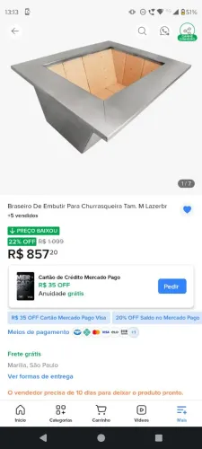 BRASEIRO DE EMBUTIR NOVO SEM USO