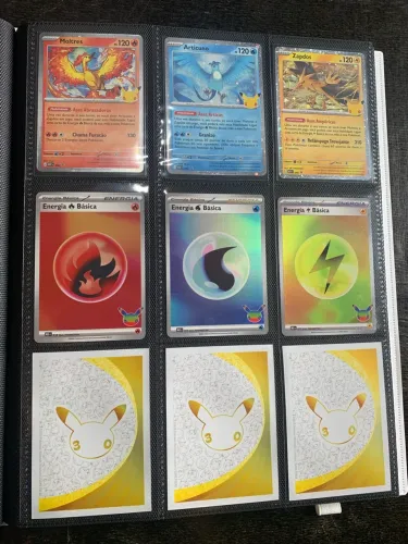 conjunto 6 cartas coleção 30 anos 3 pássaros lendários + 3 sleeves douradas