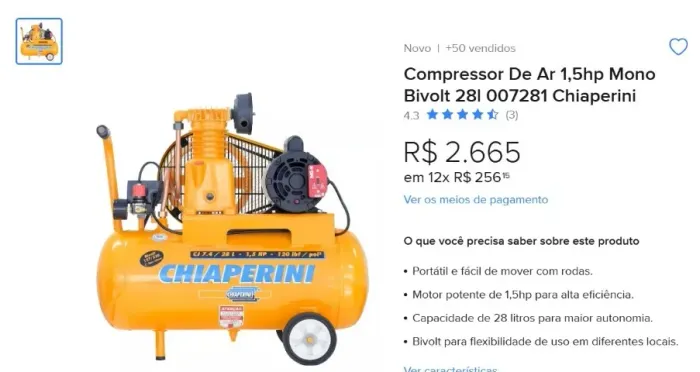 Compressor de Ar CJ 7.4 28L 1,5HP Bivolt Chiaperini