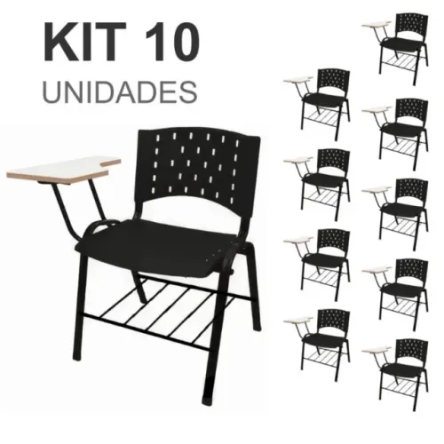Kit 10 Cadeiras Universitárias Pretas Com Porta Livros Reforçadas Escolar - 32011