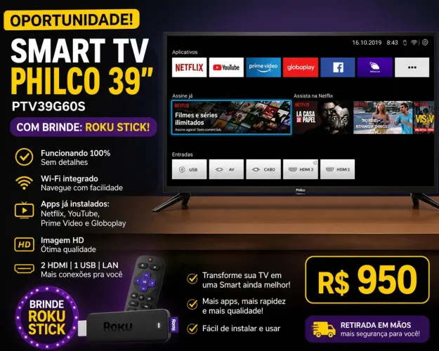 OPORTUNIDADE - SMART TV 39 POLEGADAS PHILCO COMPLETA
