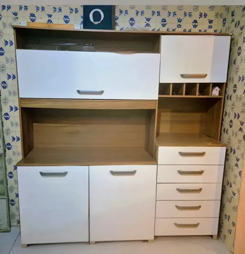 Armário de Cozinha Completo Branco e Amadeirado com 5 Gavetas