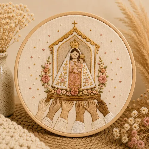 Quadro bordado Círio em bastidor 14cm.