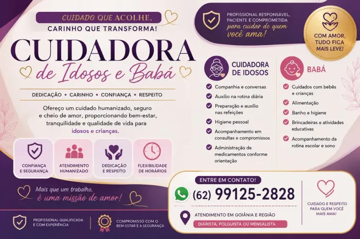 Você que está precisando de uma Cuidadores de idosos, ou uma babá entra agora em contato