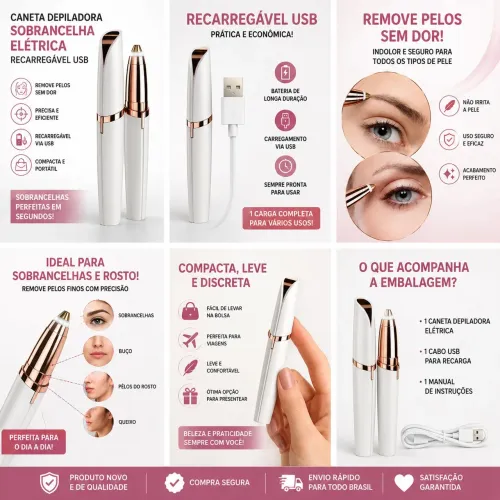 Caneta Depiladora de Sobrancelha Elétrica Recarregável USB Feminina