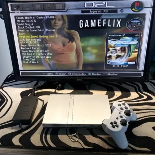 PS2 Prata Custom HDMI Interno + Controle PS3 Sem Fio + 32GB de jogos + Saída P2 para fone