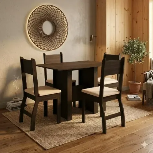 Conjunto Sala de Jantar Mesa Milano + 4 Cadeiras Savana / Amêndoa