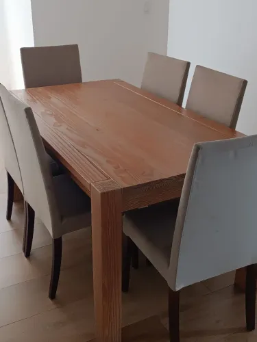 Mesa de Jantar em Madeira Acácia Natural 1,60m com 6 cadeiras