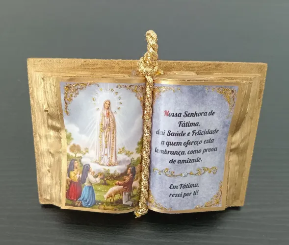 Livro Aberto Decorativo Nossa Senhora de Fátima em Madeira 10cm