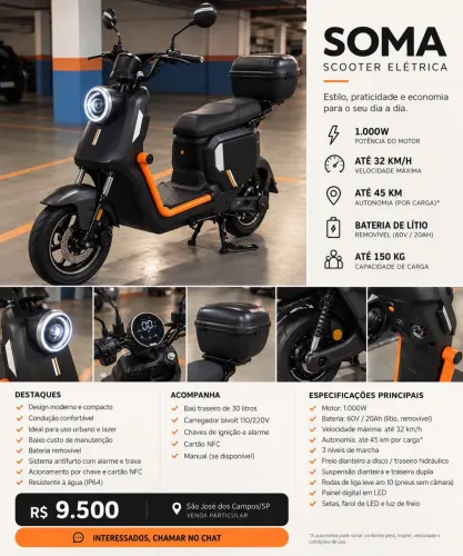 ? Scooter Elétrica MotoChefe SOMA 1000W | Pouquíssimo Uso | Excelente Estado