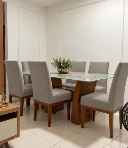 Mesa de madeira e tampa de vidro com 6 cadeiras
