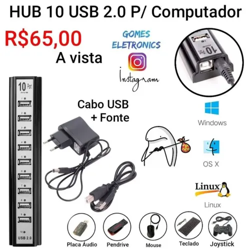 Hub Usb 2.0 com 10 Portas usb Extensor com Fonte Bivolt (Loja Física)