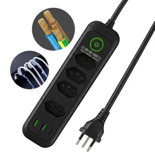 Régua de energia com 4 tomadas + USB + Tipo-C ? Cabo 2m ? Filtro de Linha ? Bivolt automát