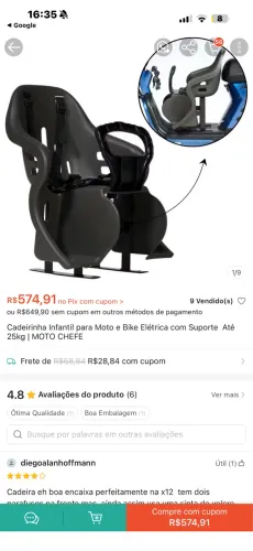Cadeira infantil para bike elétrica