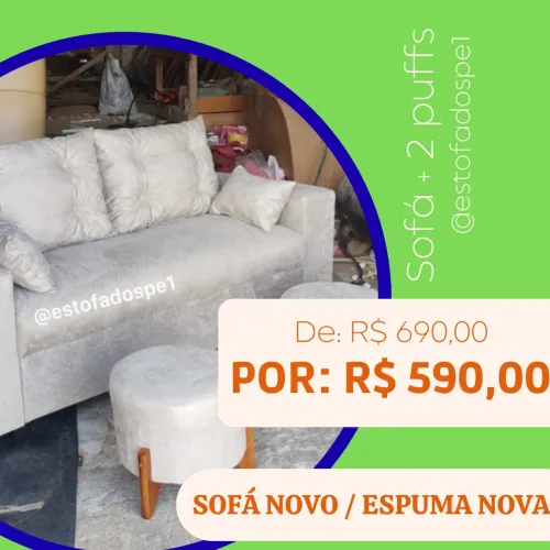 Sofá 1.75m fixo em suede aveludado com 2 puffs redondos