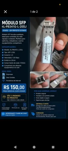 2 unidades por esse valor Módulo SFP 1.25G Fibra Óptica LC 20KM 1310nm - 4L-PB341G-L-20DJ