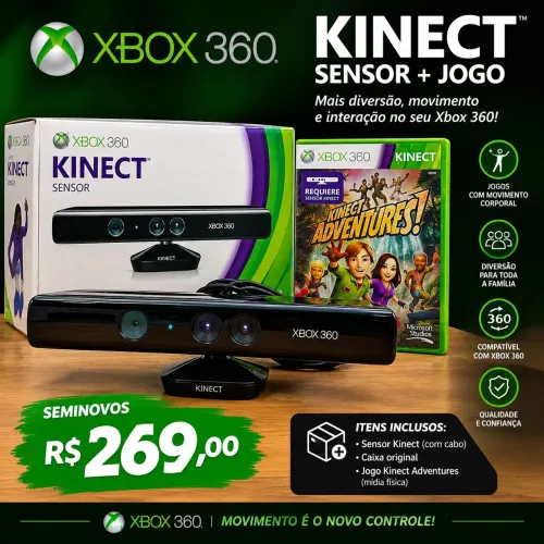 KINECT SENSOR PARA XBOX 360 + KINECT ADVENTURES SEMINOVOS - LIQUIDO!
