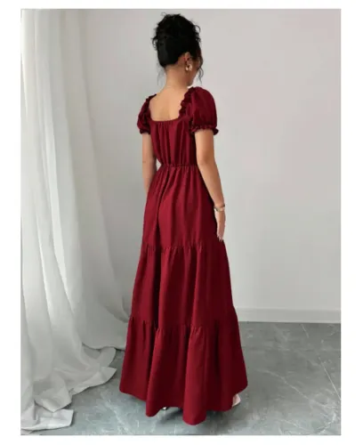 VESTIDO VERMELHO ESCURO LONGO SAIA 3 MARIAS