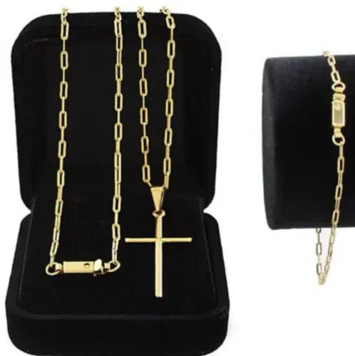 Corrente Cordão masculino Banhado A Ouro 18k + Pulseira E Pingente Cruz