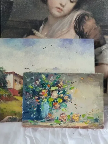 Pequeno óleo sobre tela floral 