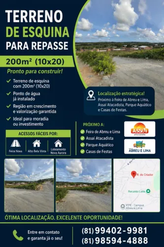 Terreno de esquina disponível para REPASSE!