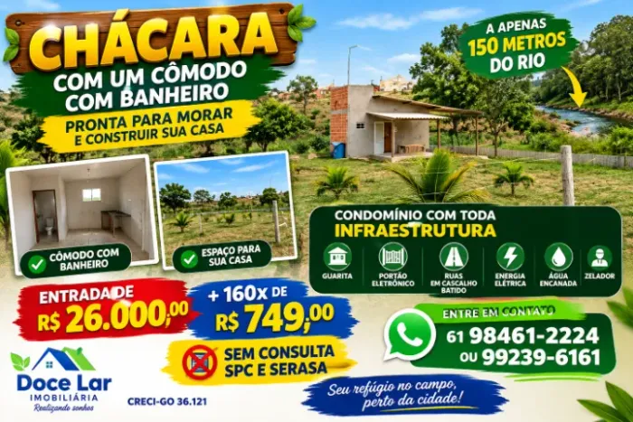 CHÁCARA com construção 15 KM DE ÁGUAS LINDAS R$ 26.000,00 DE ENTRADA 2500m2