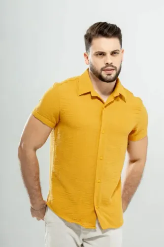Camisa de Linho Manga Curta Social Verão Fresca Gola Italiana Elegante em Visco-Linho
