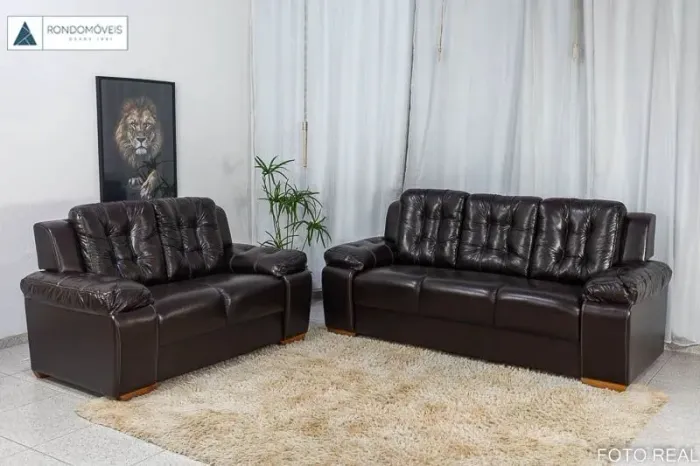 Conjunto de Sofás 2 e 3 Lugares Corino Café com Molas Espuma D33