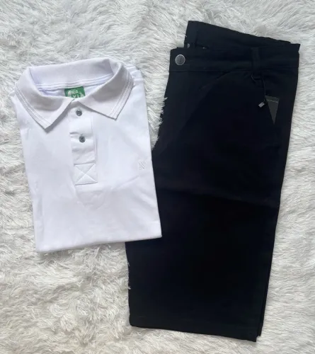 Kit Bermuda Sarja e Camisa Polo Suedine