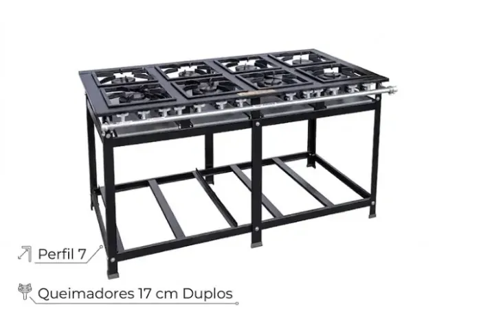 Fogão Industrial 8 Bocas Perfil 7 Cristal Aço 30x30 Luxo Baixa Pressão Queimadores Duplos