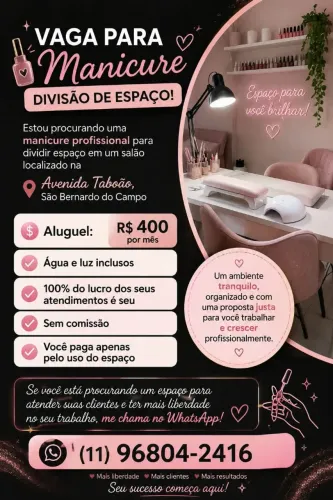Procuro parceria para salão manicure sombrancelha e limpeza de pele