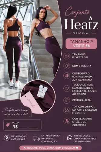 Conjunto e Top e legging da marca Heatz, tamanho P (veste 36). Com etiqueta