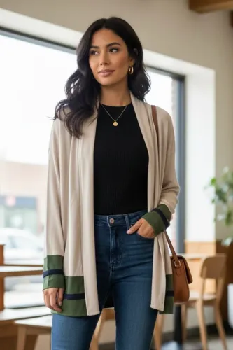 Cardigan tam M Bege com Detalhes verde a azul