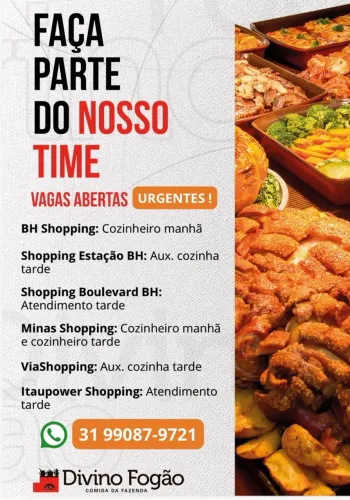 Vagas emprego trabalho restaurante Divino Fogão