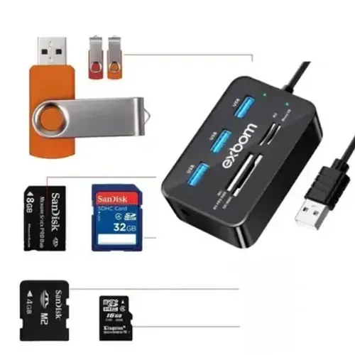 Hub USB 7 em 1 EXBOM UH-R230 - 3 Portas USB 2.0 e Leitor de Cartão Universal, Plug & Play