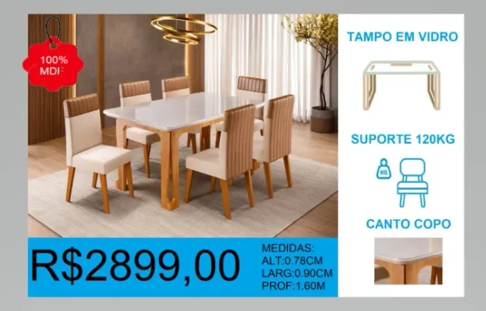 Mesa com tampo em vidro e 6 cadeiras - entrega gratuita