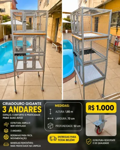 Criadouro/Gaiola gigante 3 andares - Espaçosa e com rodinhas