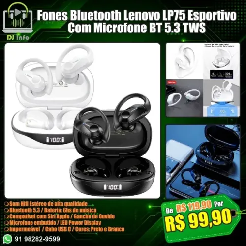 Fones Bluetooth Lenovo LP75 Esportivo Com Microfone BT 5.3 TWS