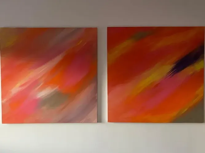Kit com 2 Quadros Abstratos 1x1m - Pinturas Originais em Tela com Chassi de Madeira