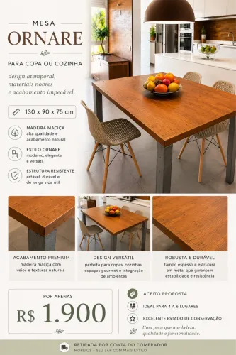 Mesa Ornare para Copa ou Cozinha - Madeira Maciça e Estrutura Metálica